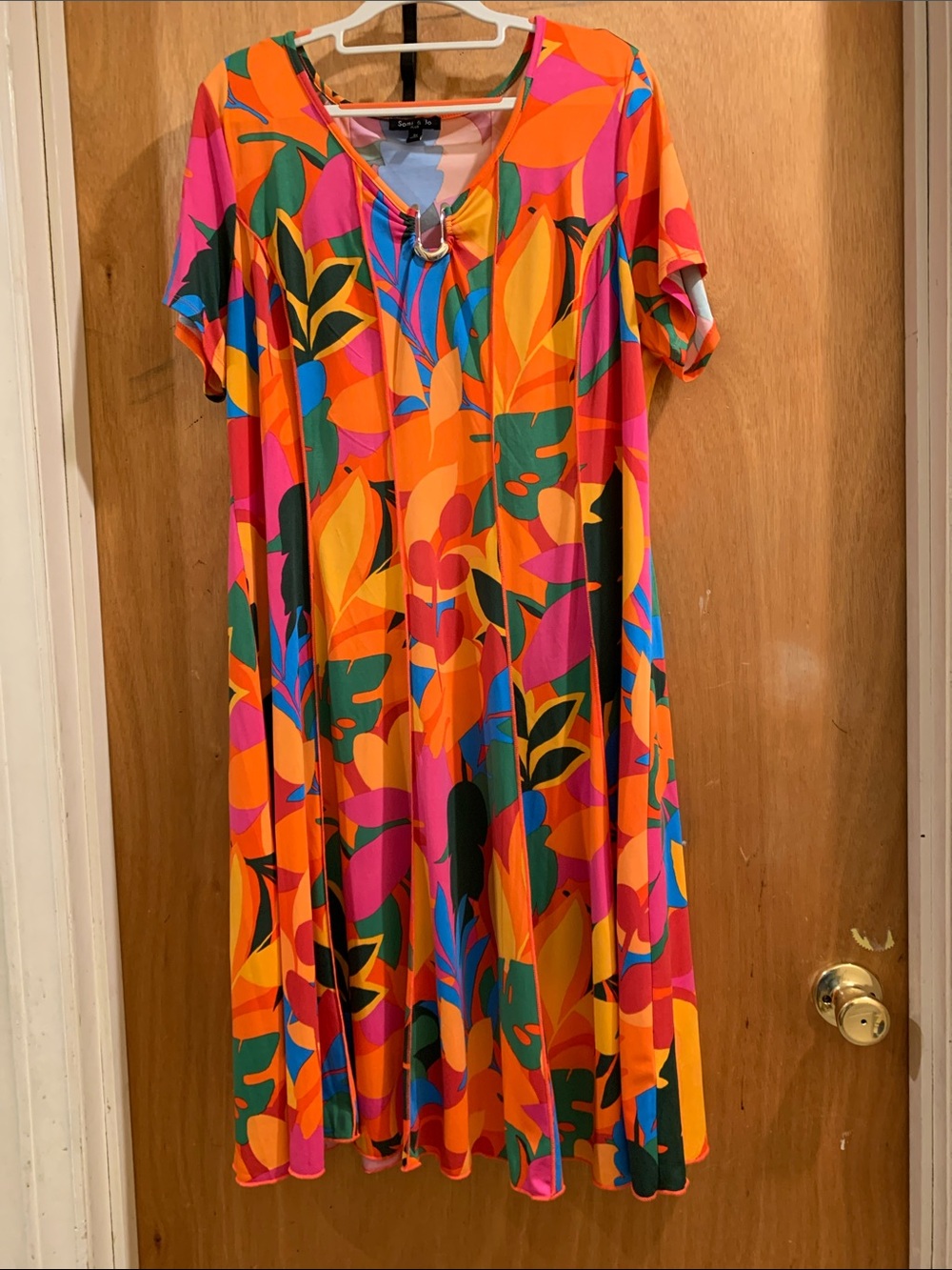 Sami & Jo Orange Tropical Midi Dress with Pink, Green & Blue Accents
